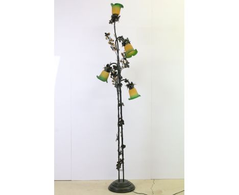 Four branch standard lamp, modelled with vines, leaves and golden berries with Tiffany style glass shades, 211cm high