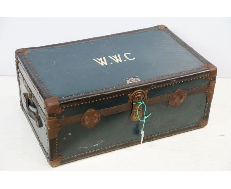 Early 20th century ' The World Famous Victor Wardrobe Luggage ', studded cabin trunk, painted with initials WWC, 34cm high x 