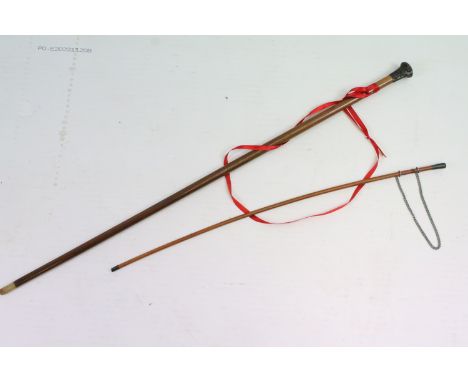 Early 20th century walking cane with silver hallmarked pommel to top (approx 91cm long), together with a swagger stick with w