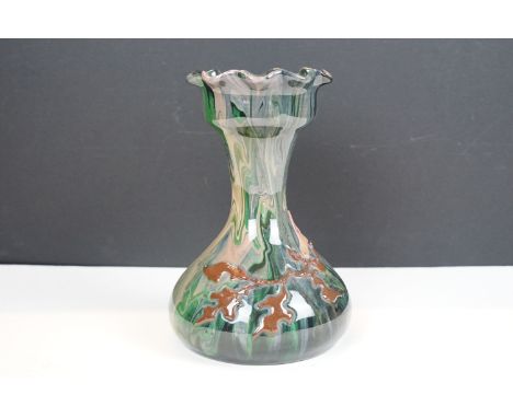 Elton ware pottery vase with marbled glaze and relief floral decoration, signed to base, approx 18cm tall 