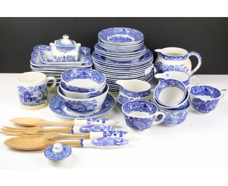 George Jones &amp; Sons 'Abbey' blue &amp; white tea &amp; dinner ware to include teacups &amp; saucers, side plates, rectang