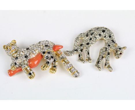 Two Large Enamel and Crystal Brooches in the form of Leopards, largest 8cm long marked LP 
