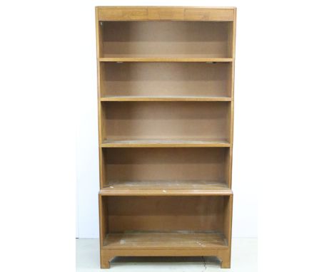 Minty Library Specialist Oxford oak five shelf open waterfall bookcase in Art Deco style, with maker's plaque, 173cm high 89c