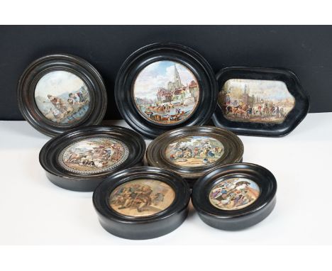 Collection of seven framed Prattware pot lids, featuring Dr Johnson, Village Wedding, Vue de la Ville de Strasbourg Prise du 