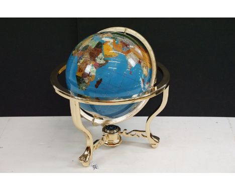 Large gemstone globe, the gold plate base with inset compass, approx 46cm tall, with retail box