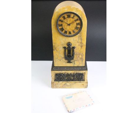 19th Century French Sienna marble mantle clock having a domed top with cast bronze chapter ring to front, and further bronze 