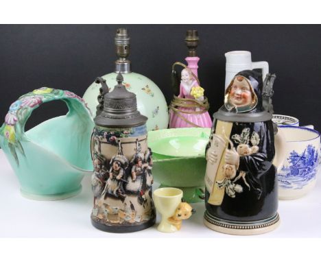 Mixed glass &amp; ceramics, within two boxes, to include a Clarice Ciff for Wilkinson floral basket (approx 19.5cm tall), ear