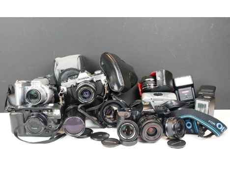 Collection of cameras &amp; photographic equipment to include Olympus OM20 (, Canon Sure Shot Zoom XL, Konica Minolta, Olympu