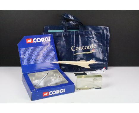 Concorde memorabilia including boxed Corgi limited edition two piece Concorde set, another Corgi Concorde and a model of Conc