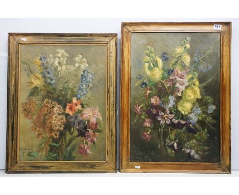 L Graham-Smith, still life study of flowers, oil on canvas, signed lower left and dated 1929, 59 cm x 43 cm together with ano