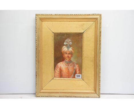 Portrait of Maharaja Sir Sri Krisharaja Wodeyar Bahadur, oil painting, 29 x 18cm, gilt framed 