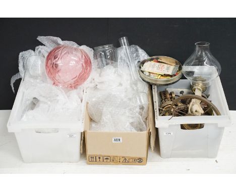 Collection of oil lamp shades and spare parts, to include burners, flues and shades (3 boxes) 
