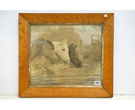 19th century English School, three horses drinking from a water trough, watercolour, framed and glazed, 37 x 43cm 