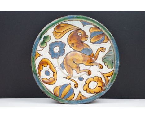 Spanish Majolica Puente del Arzobispo dish, 16th century?, polychrome decorated with a hare amongst flowers with green border