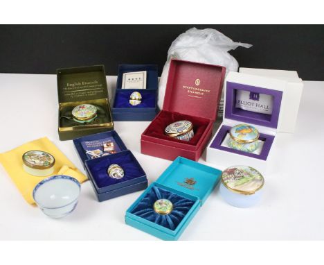 A collection of enamel trinket boxes to include English Enamels and Halcyon Days examples, many in original boxes. 
