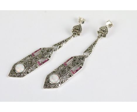 Pair of silver Art Deco style drop earrings with opal pannells