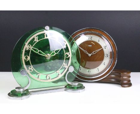 Art Deco mantle clock, with green glass and chrome stand, 19.5cm x 23cm together with Metamec, Dereham mantel clock, 19cm x 2