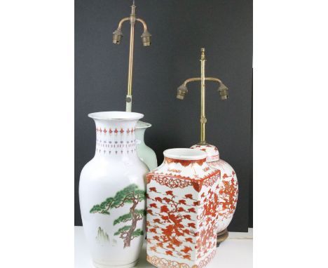 Chinese ceramics to include green ground prunus pattern table lamp, red and gilt Chinese lamp base decorated with dragons tog