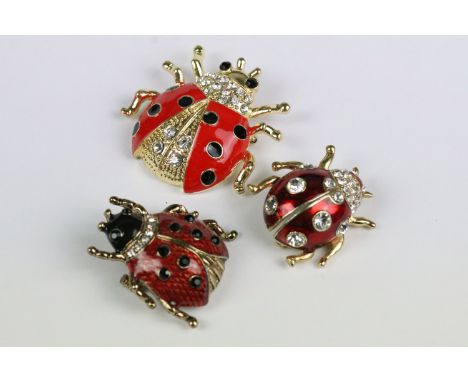 Three Large Gilt Enamel and Crystal Brooches in the form of Ladybirds, largest 4cm long 