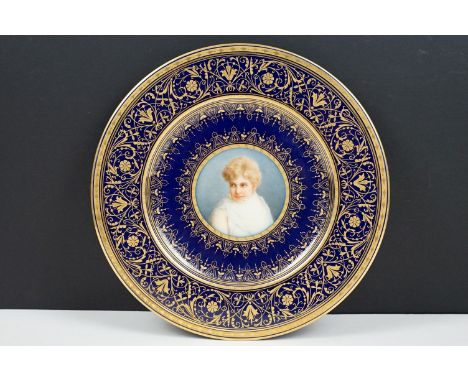 Continental cobalt blue ground cabinet plate with hand painted portrait of a female to centre, bordered by gilt decoration, t