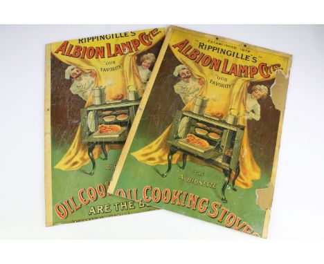 Two early 20th Century Albion Lamp Company Oil Cooking Stoves advertising boards. Measures 43 x 30cm. 