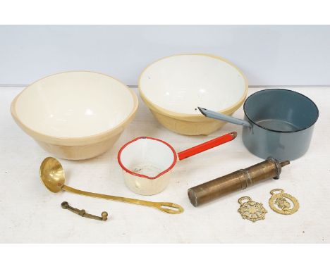 T G Green, The Easimix bowl, 35cm diameter, another similar mixing bowl, two enamel saucepans and a small quantity of brasswa