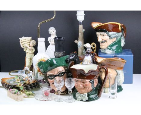 Collection of ceramics to include Royal Doulton character jugs, Royal Doulton plates, cut glass, lamp bases with ceramic figu