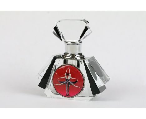 Faceted glass Art Deco style perfume bottle with enamel plaque depicting ballet dancers 