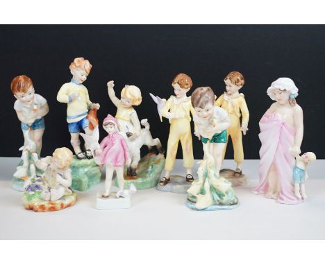 Collection of nine Royal Worcester porcelain figures to include April (3416), Young Farmer, October (3417), Katie's Day Batht