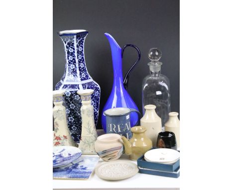 Collection of ceramics to include Chinese blue and white prunus pattern vase blue studio art glass jug, Royal Worcester dishe