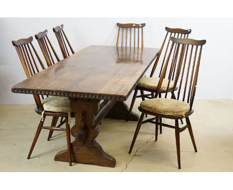Nigel Griffiths (The Old Cheese Factory Grangemill Derbyshire) carved oak dining table with stretchered base, 73cm high x 198