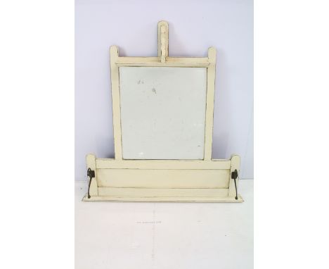 Vintage painted wall mirror with coat hooks and shelf, 86cm high x 83cm wide x 15cm deep 