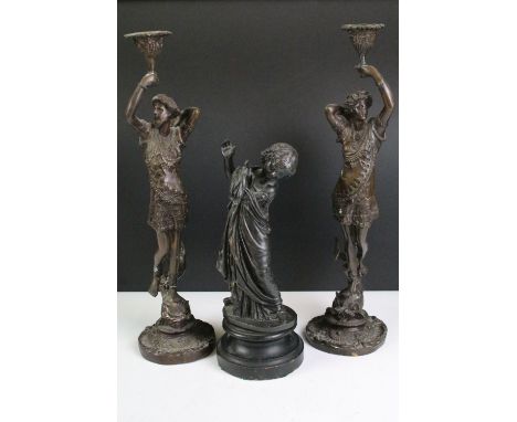 19th Century Cast bronze figurine in the form of a classical female holding a dove raised on a turned wooden base, together w