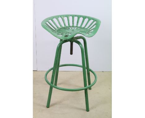 Green painted ‘ tractor seat ‘ style stool, with adjustable swivel seat, 49cm diameter 