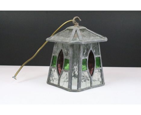 Arts and crafts style leaded glass hanging lantern with clear and coloured glass panels, 22cm high 