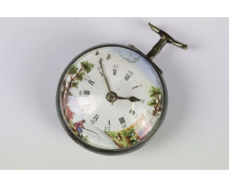 A silver cased Georgian pocket watch with decorative enamel dial showing hunting scene (A/F). 