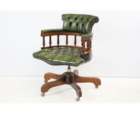 20th century mahogany captain's swivel desk / office chair, with green leatherette studded button back and seat, 86cm high x 