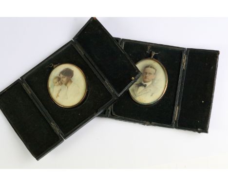 Pair of early 20th century portrait miniatures, mother and baby and a gentleman, 7.5 x 6cm, individually cased 