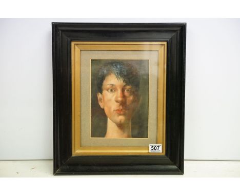 Ebonized framed oil painting portrait of English painter Stanley Spencer, 24 x 17cm 