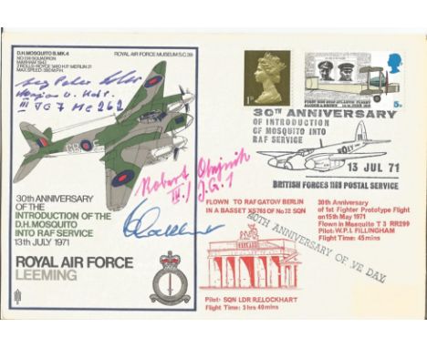 WW2 Luftwaffe aces signed scarce RAF Leeming Mosquito cover. Signed by Mjr Robert Olejnik, Georg Peter Eder and test pilot Sq