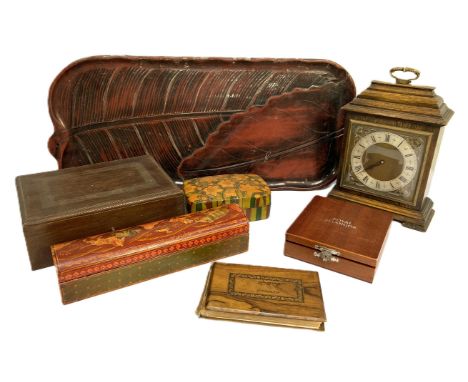 Assorted items, including a vintage George I style oak mantel clock, assorted trinket box, A Royal Selangor cased hip flask a