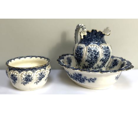 An attractive Victorian style Coleberg blue and white wash set, including a large jug, basin and commode pot (3)