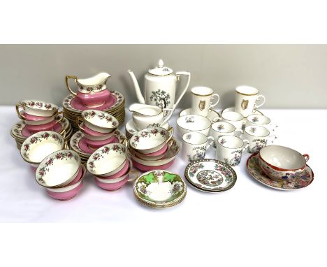 Assorted tea wares and related decorative china, including an Aynsley part tea service with pink ground, decorated with roses