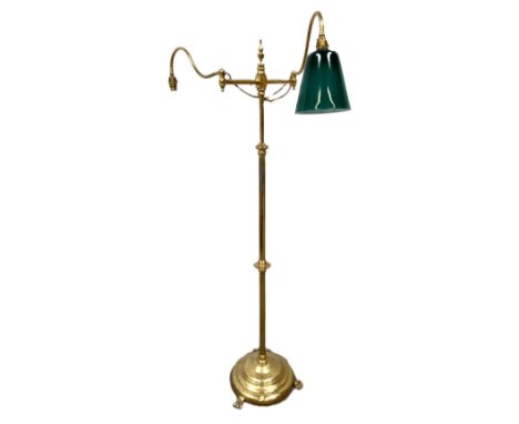 A vintage brass adjustable floor standing Library standard lamp, with two arms; also a Corinthian style column lamp base and 