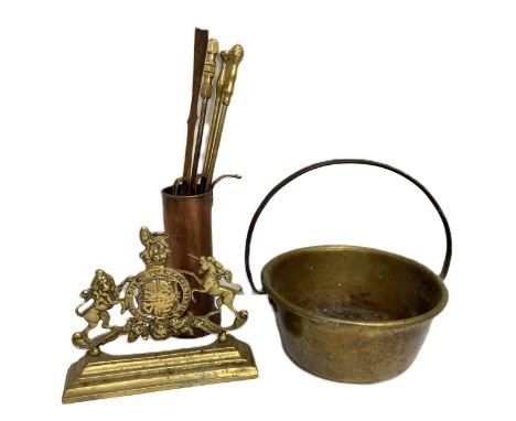 A late Victorian brass Royal Armorial doorstop; together with assorted metalware, including a brass and iron preserving pan, 