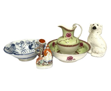 Assorted ceramics, including a 19th century wash basin and ewer set; a Staffordshire spill vase with a lady in red coat; a St