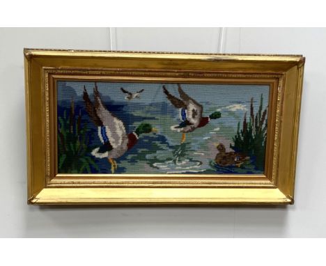 A vintage framed tapestry of Mallard Ducks; together with a group of assorted tapestry and embroidered artworks (a lot)
