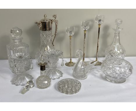 A selection of table glassware, including a silver plate mounted claret jug, a pair of candlestick lustres, a decorative crys