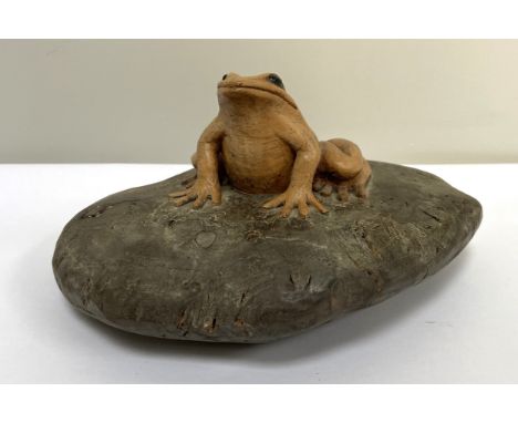 A charming carved wood frog, contemporary, naturalistically carved seated, with glass eyes and set on a burr wood boulder, 10