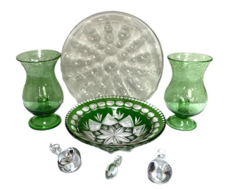 A pair of green bubble glass storm lanterns; also assorted glass, including a flashed green fruit bowl, a cut glass platter e